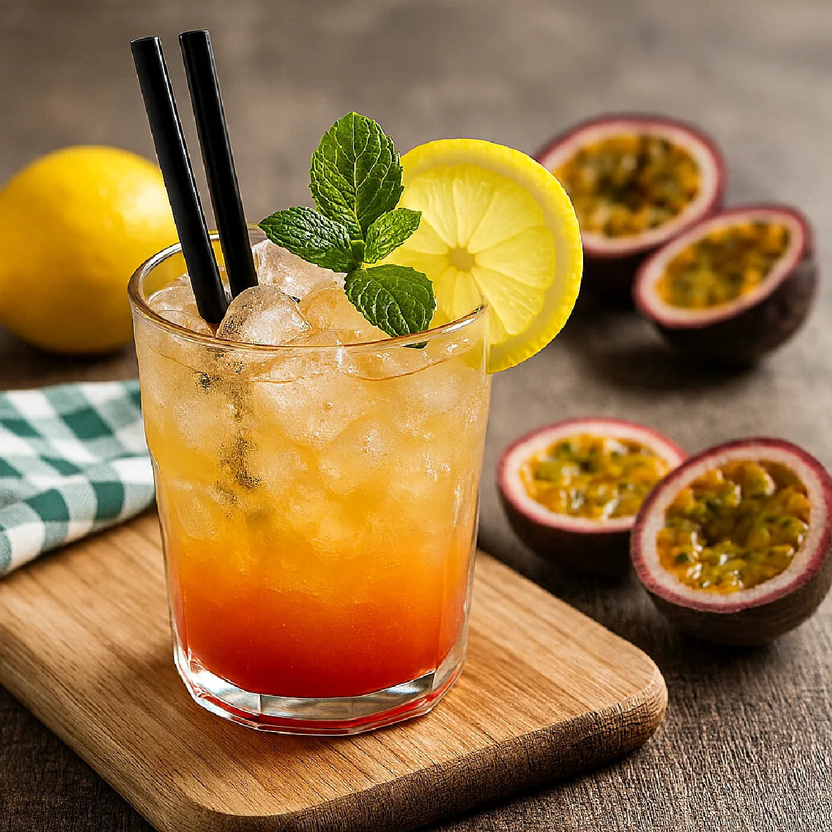 Cocktail sans alcool coloré aux agrumes avec fruits frais et glaçons