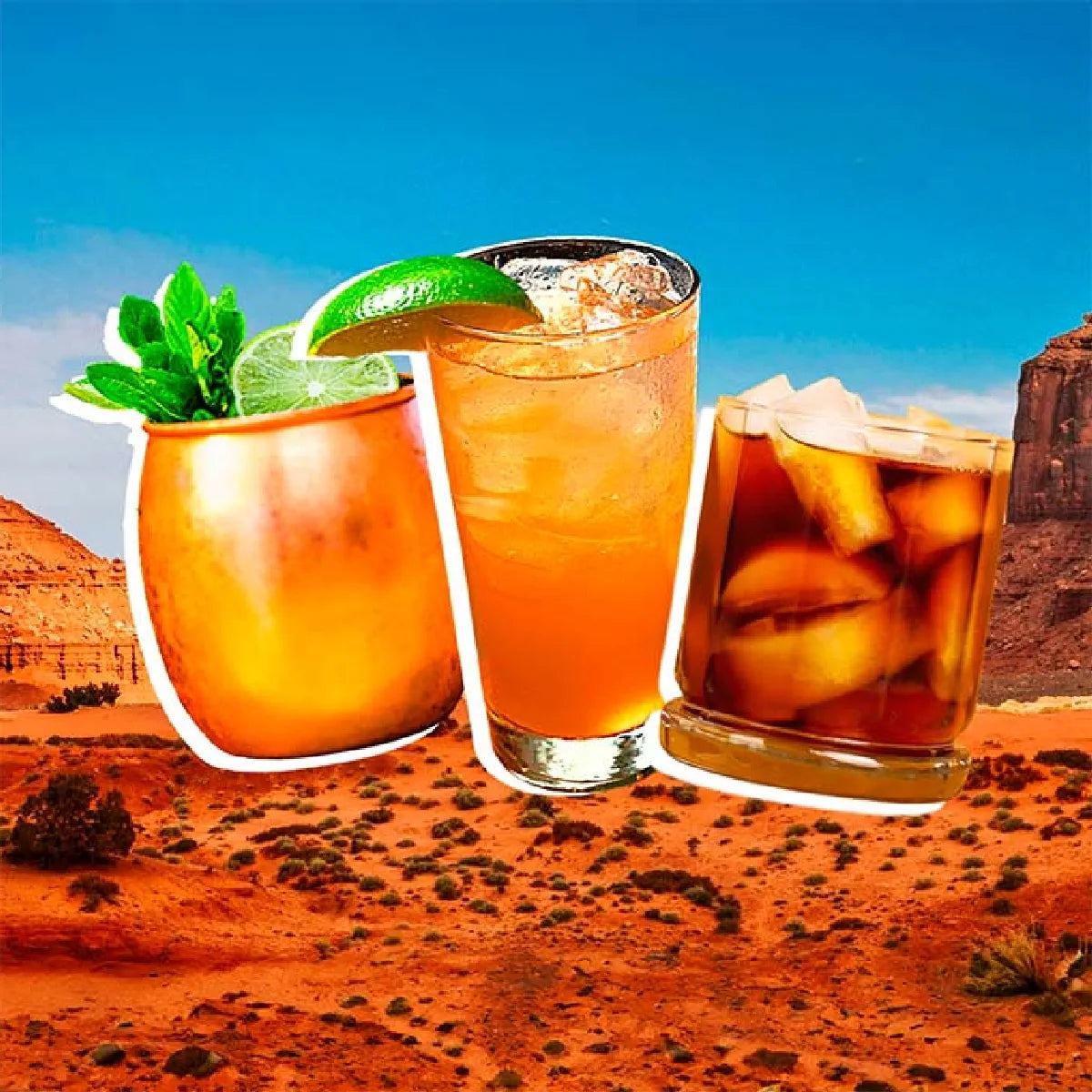 Trois cocktails rafraîchissants servis avec glaçons et citron vert, présentés devant un décor désertique ensoleillé